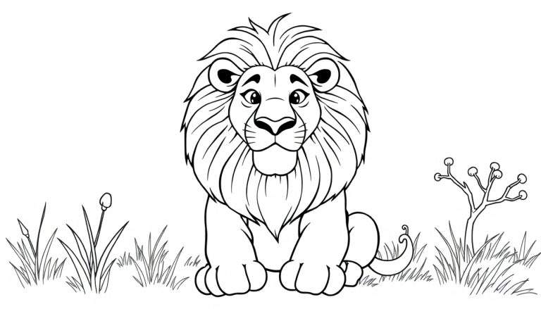 Un dessin au trait noir et blanc d'un lion assis dans l'herbe, avec une grande crinière et une expression amicale. Parfait pour le color panel des enfants.