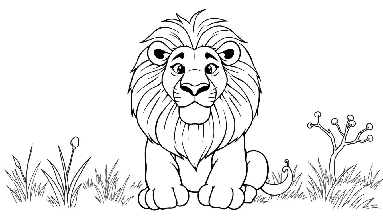 Un dessin au trait noir et blanc d'un lion assis dans l'herbe, avec une grande crinière et une expression amicale. Parfait pour le color panel des enfants.