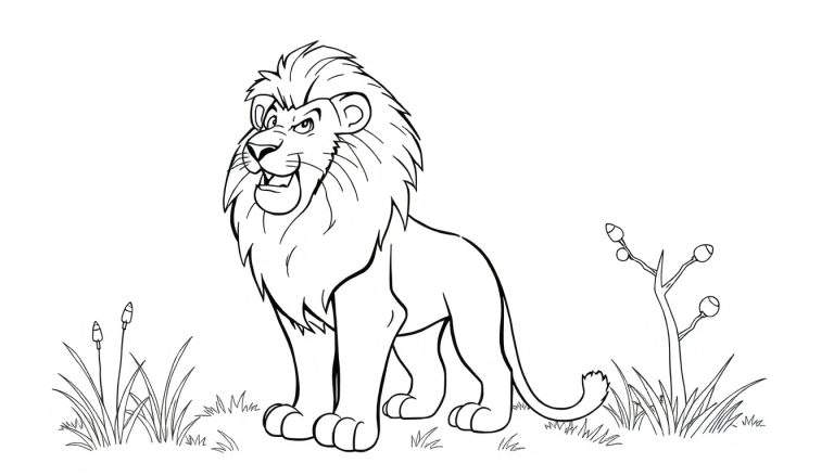 Color panel of a friendly lion in a grassy field.