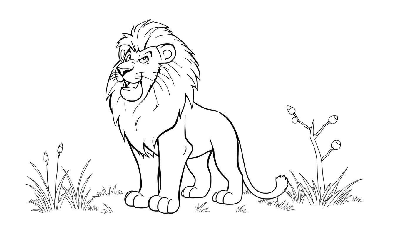 Color panel of a friendly lion in a grassy field.