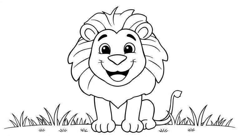 Lion de dessin animé souriant dans l'herbe, prêt pour un color panel.