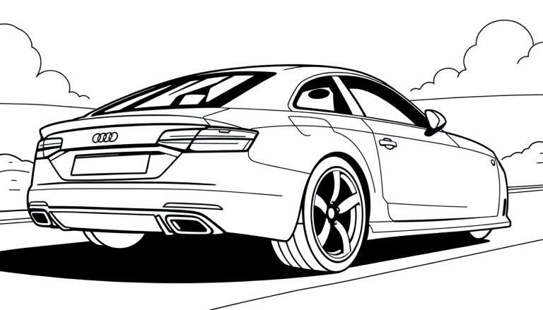 Dessin au trait d'une voiture Audi vue de l'arrière, sur une route avec un ciel nuageux. Style livre de coloriage.
