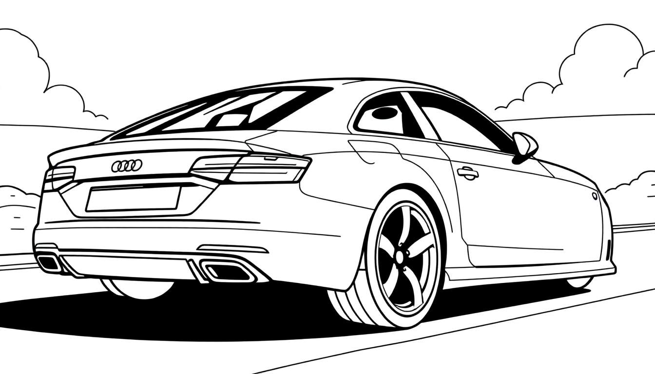 Dessin au trait d'une voiture Audi vue de l'arrière, sur une route avec un ciel nuageux. Style livre de coloriage.