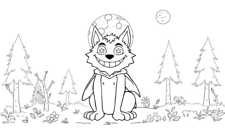 Loup de dessin animé souriant dans une forêt sous deux lunes, portant un sweat à capuche.