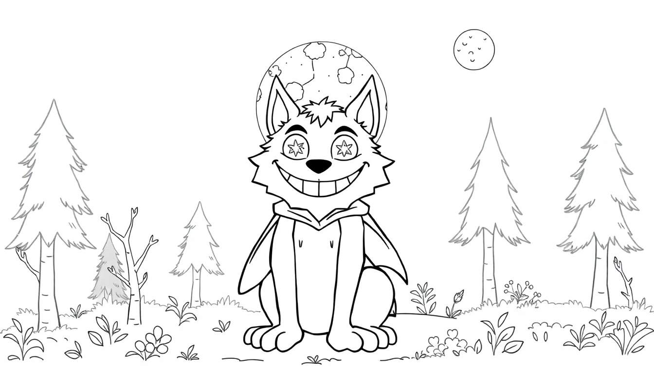 Loup de dessin animé souriant dans une forêt sous deux lunes, portant un sweat à capuche.