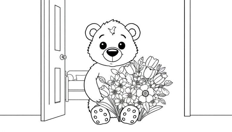Ours en peluche dessin au trait tenant des fleurs, prêt à être coloré.
