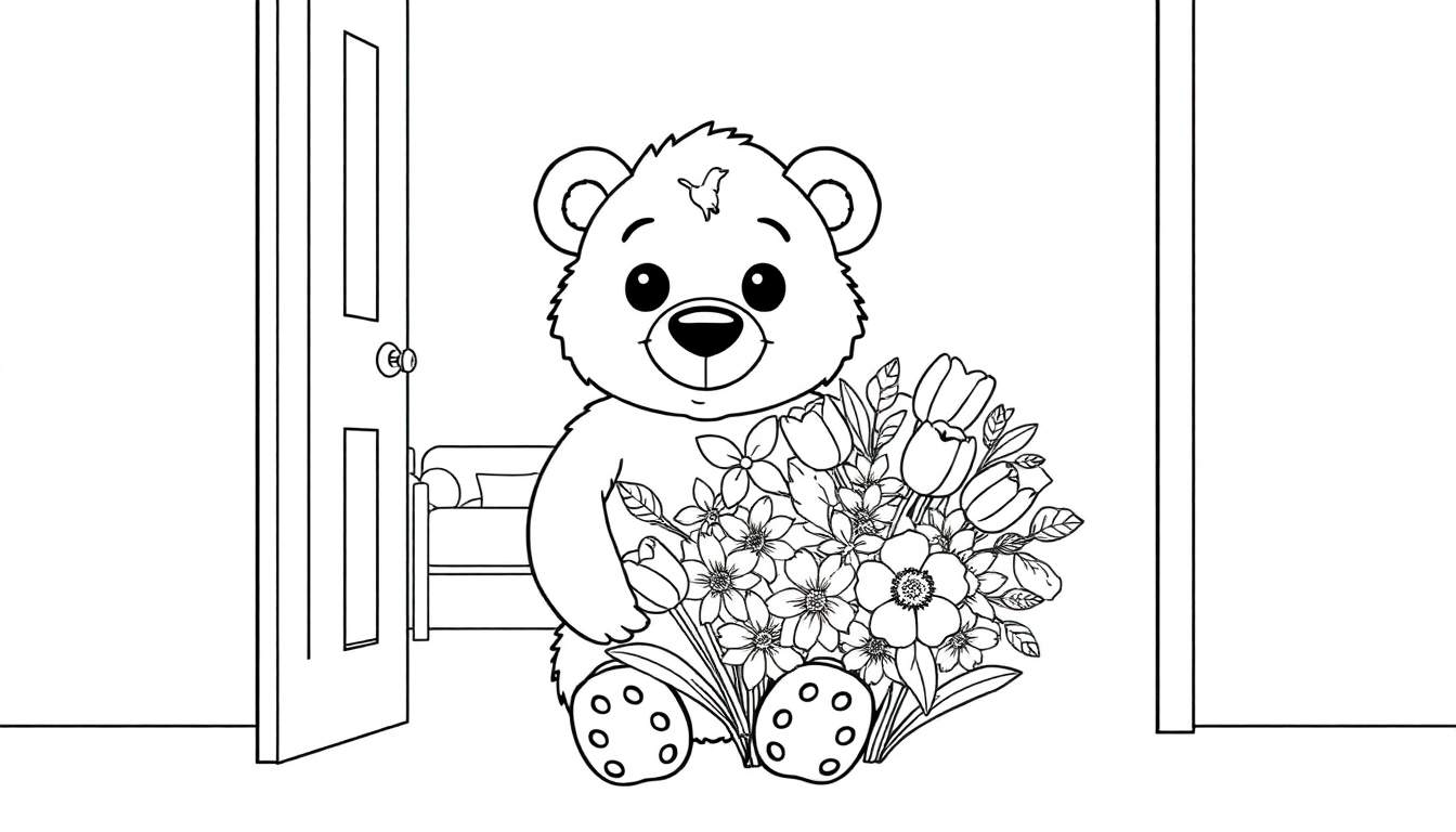 Ours en peluche dessin au trait tenant des fleurs, prêt à être coloré.