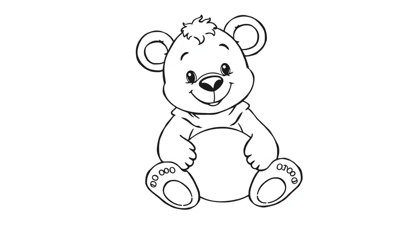 Un ours en peluche dessiné, assis, tenant un objet rond, avec un foulard et un sourire.