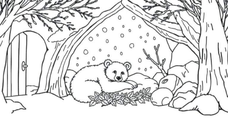Ours endormi dans sa tanière d'hiver, vue d'une page à colorier.
