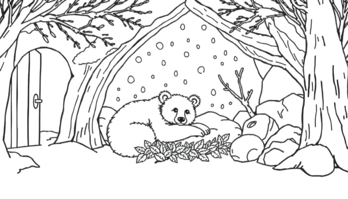 Ours endormi dans sa tanière d'hiver, vue d'une page à colorier.