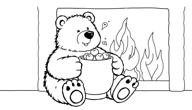 Un ours en peluche assis devant une cheminée avec une tasse.