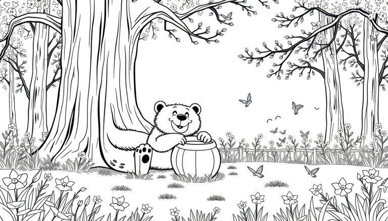Un ours souriant tient un pot de miel à côté d'un arbre dans un color panel.