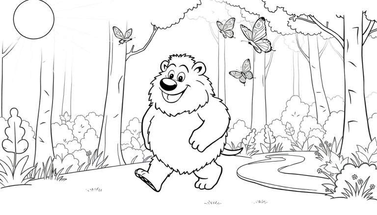 Ours souriant marchant dans une forêt avec des papillons, un soleil et un color panel