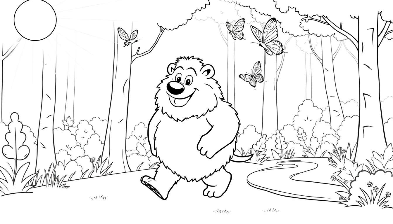 Ours souriant marchant dans une forêt avec des papillons, un soleil et un color panel