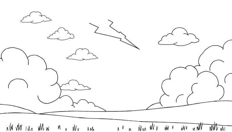 Dessin au trait d'un paysage orageux avec un éclair.