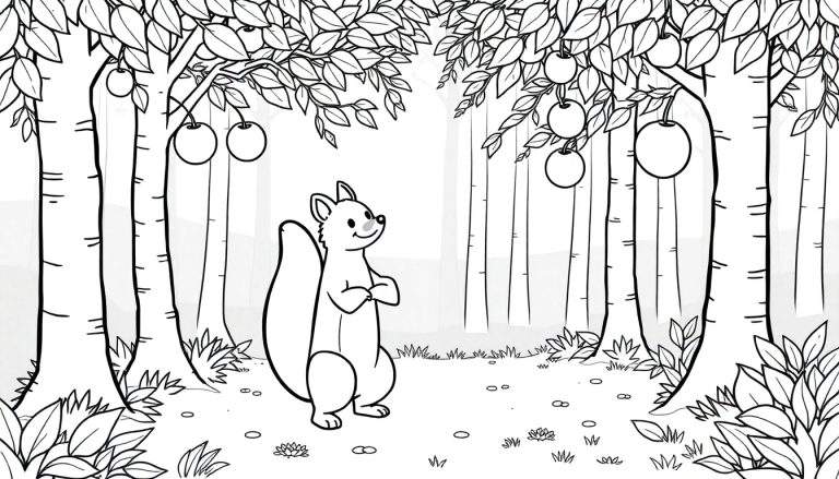 Un écureuil regarde les arbres dans un dessin au trait de type livre de coloriage.