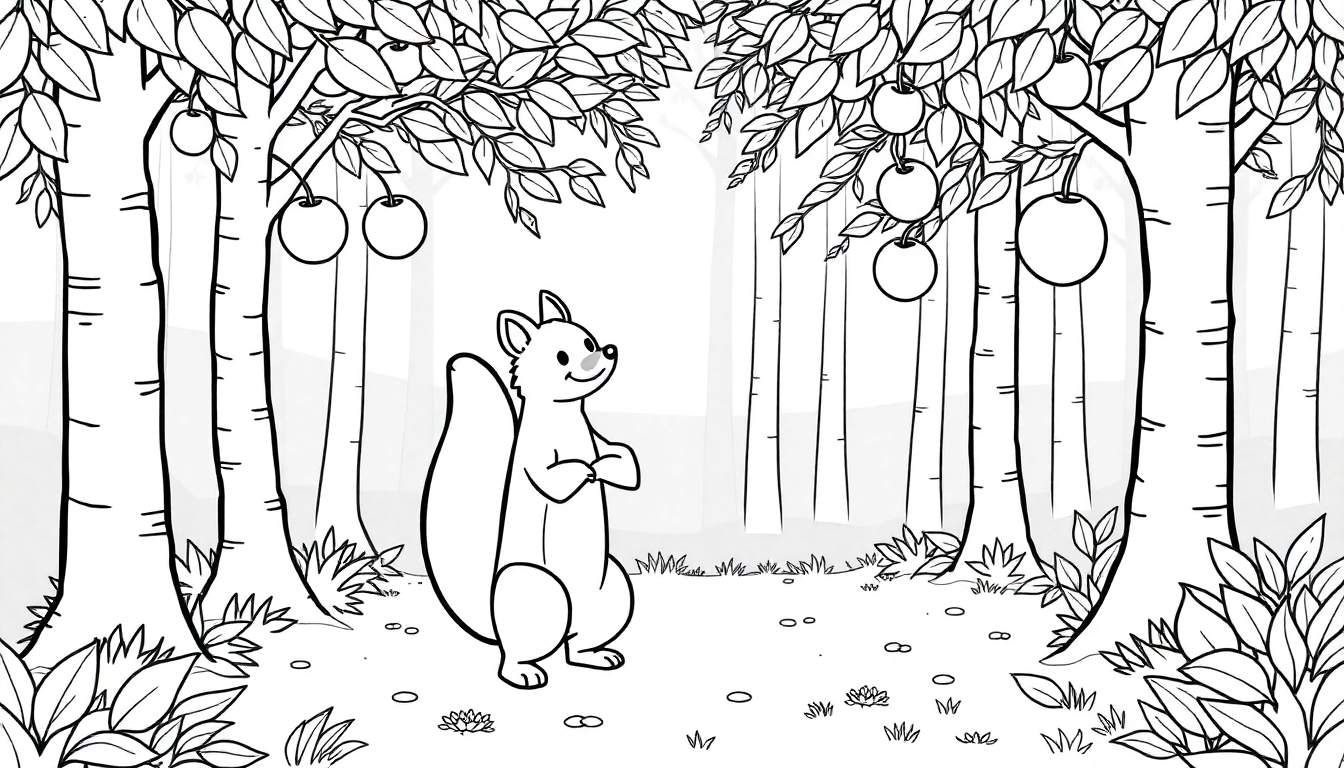 Un écureuil regarde les arbres dans un dessin au trait de type livre de coloriage.