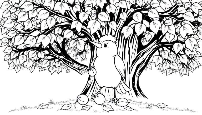 Un écureuil joyeux cueillant des noisettes sous un arbre coloré, un panel de coloriage pour enfants.