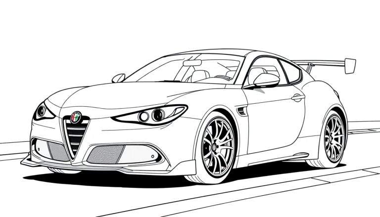 Dessin au trait d'une Alfa Romeo sportive vue de côté, avec un aileron arrière proéminent.
