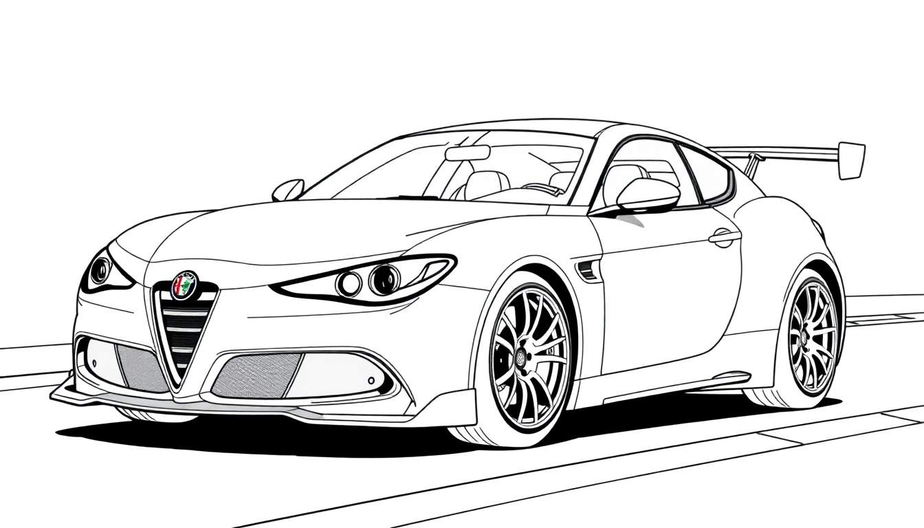 Dessin au trait d'une Alfa Romeo sportive vue de côté, avec un aileron arrière proéminent.