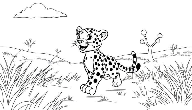 Dessin au trait noir et blanc d'un jeune léopard souriant courant dans la savane.