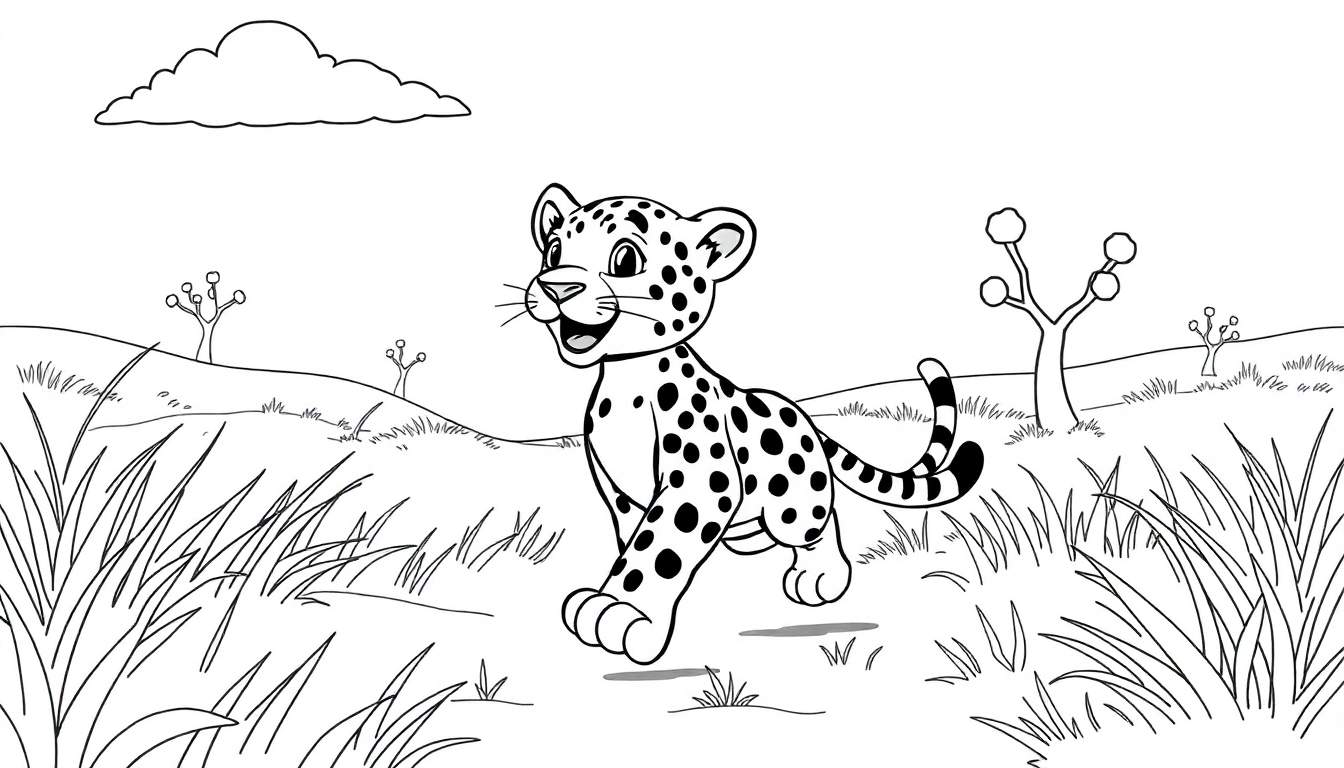 Dessin au trait noir et blanc d'un jeune léopard souriant courant dans la savane.