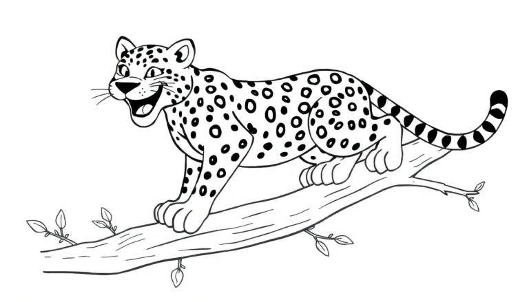 Un léopard souriant sur une branche d'arbre, prêt à être colorisé.