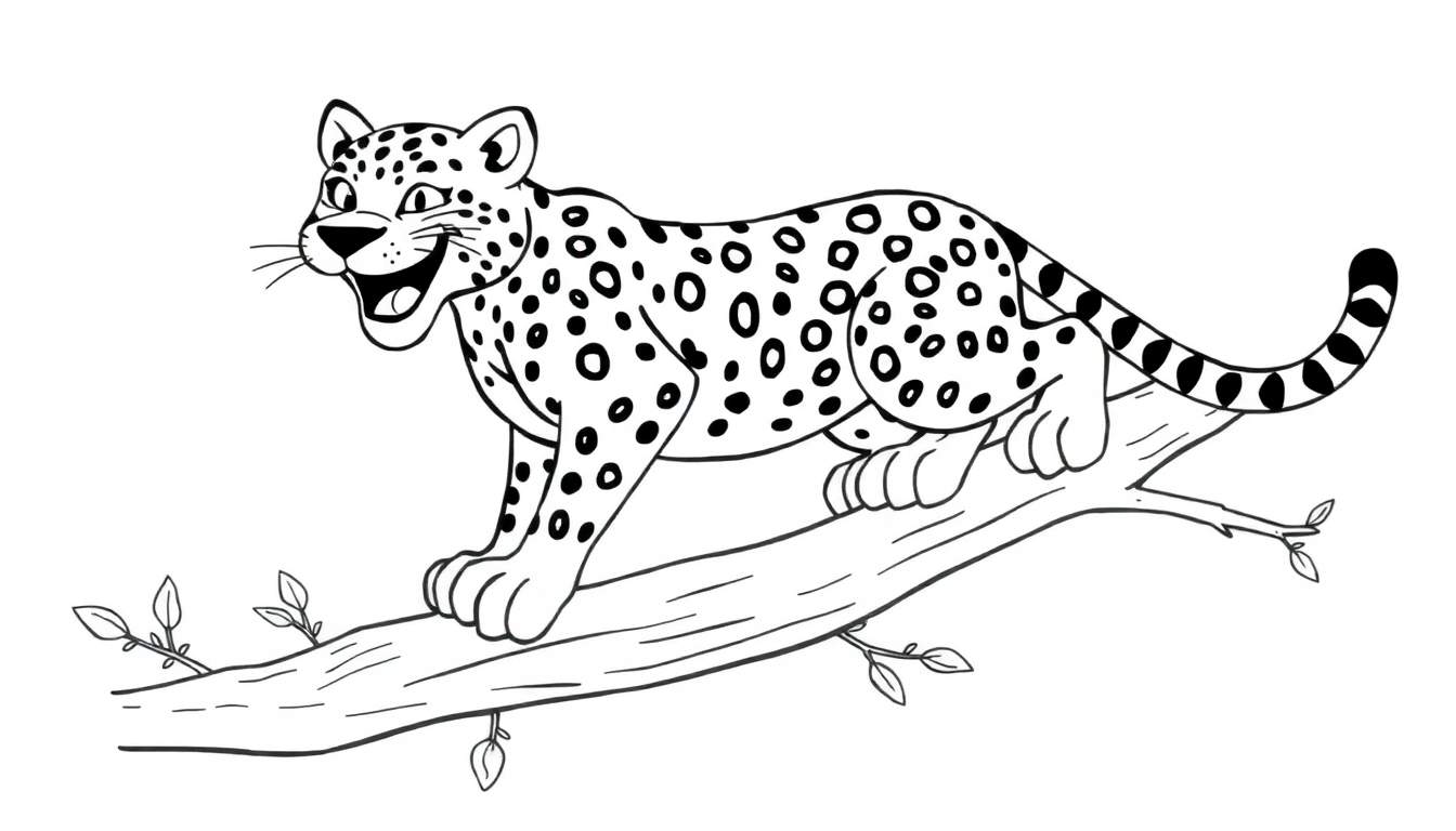 Un léopard souriant sur une branche d'arbre, prêt à être colorisé.