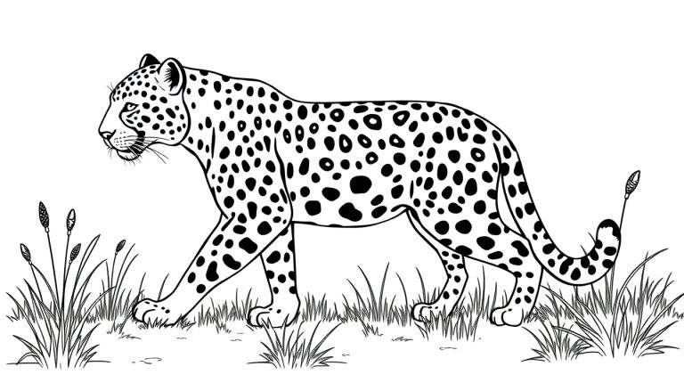Un léopard en noir et blanc marchant dans l'herbe, ses taches sont visibles.