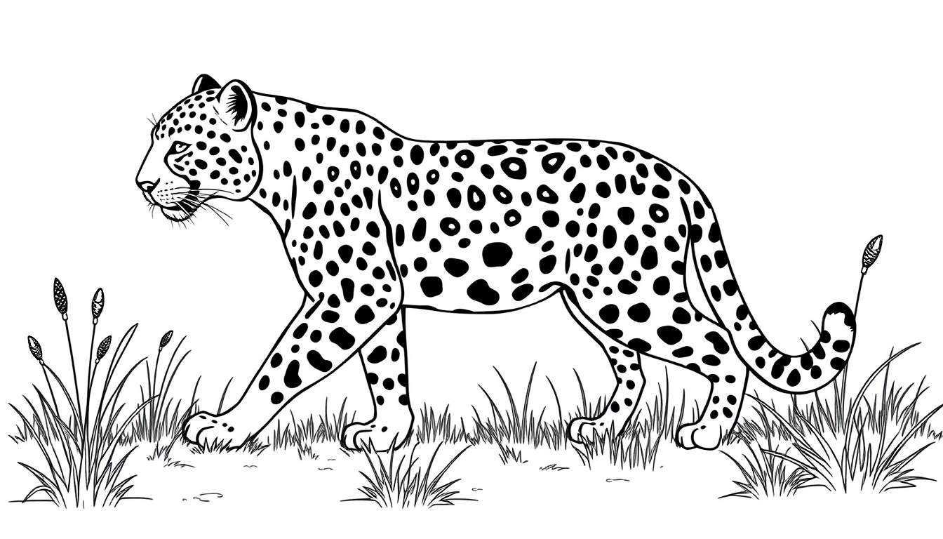 Un léopard en noir et blanc marchant dans l'herbe, ses taches sont visibles.