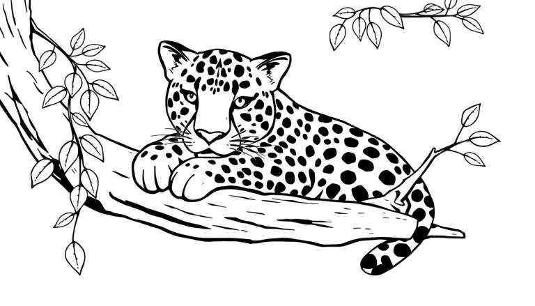 Un dessin au trait noir et blanc d'un léopard sur une branche, color panel pour enfants.