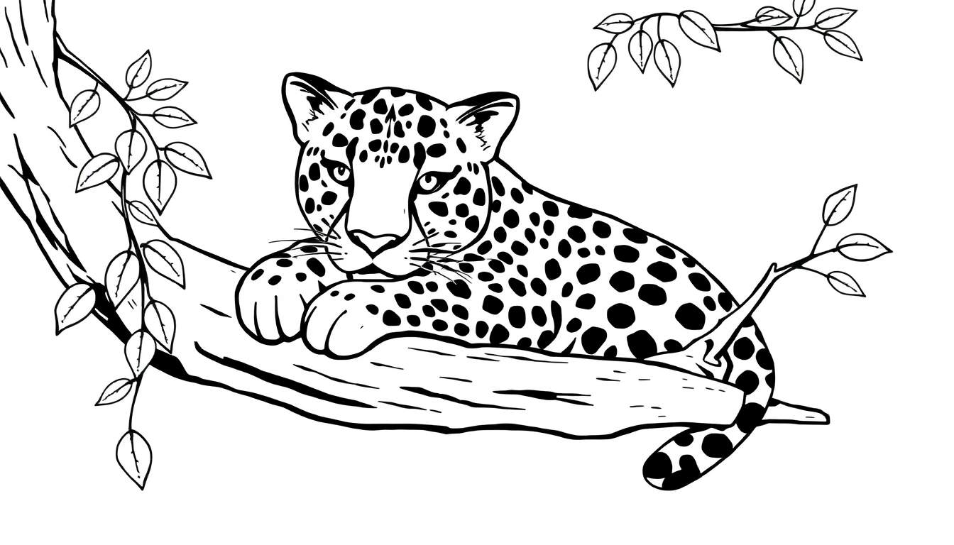 Un dessin au trait noir et blanc d'un léopard sur une branche, color panel pour enfants.