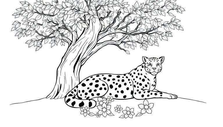 Un léopard dessiné au trait se repose sous un grand arbre feuillu, entouré de fleurs. Un panneau coloré est présent dans la scène.