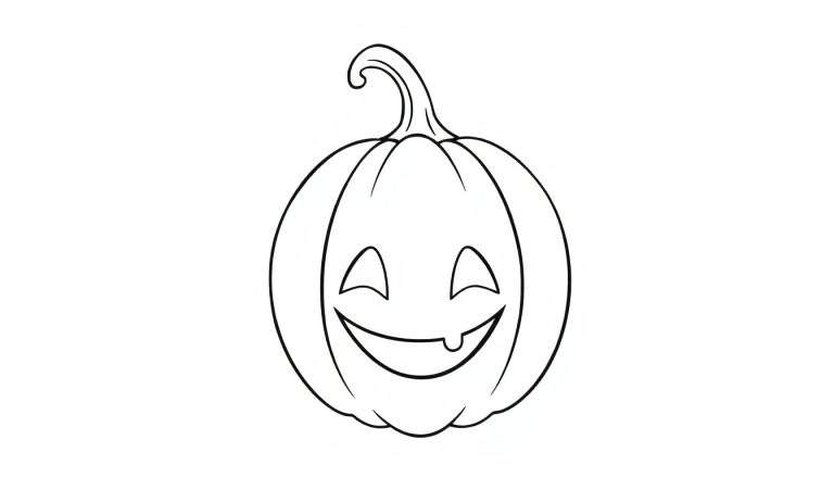 Dessin au trait d'une citrouille d'Halloween joyeuse avec un sourire édenté et deux yeux triangulaires.