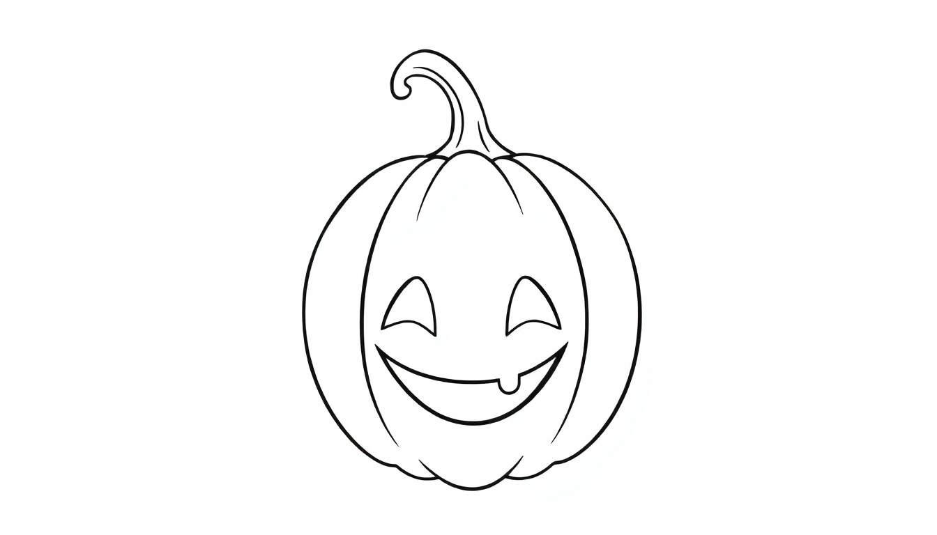 Dessin au trait d'une citrouille d'Halloween joyeuse avec un sourire édenté et deux yeux triangulaires.