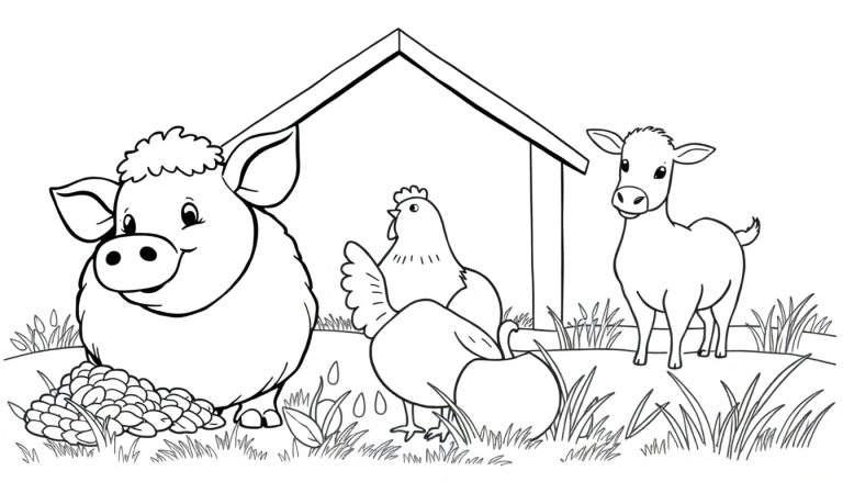 Un dessin au trait d'une ferme avec un cochon, deux poulets et un veau.