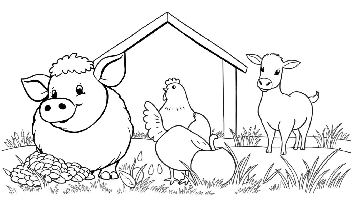 Un dessin au trait d'une ferme avec un cochon, deux poulets et un veau.
