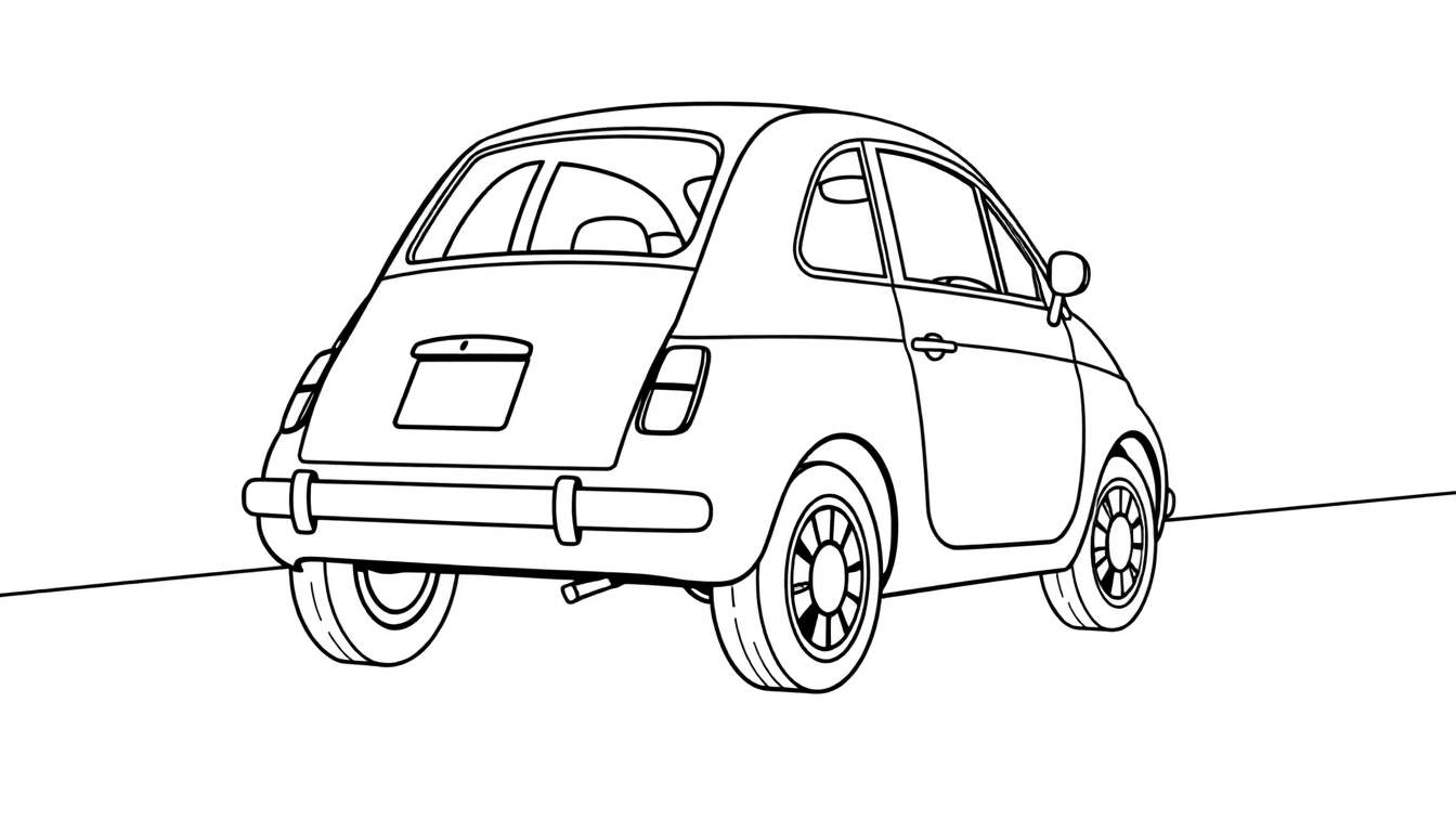 Une Fiat 500 dessinée en noir et blanc vue de dos, un color panel prêt à être imaginé.