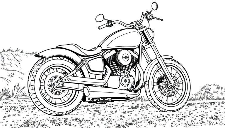Un dessin au trait d'une moto de style croiseur sur un sol accidenté avec un color panel coloré.