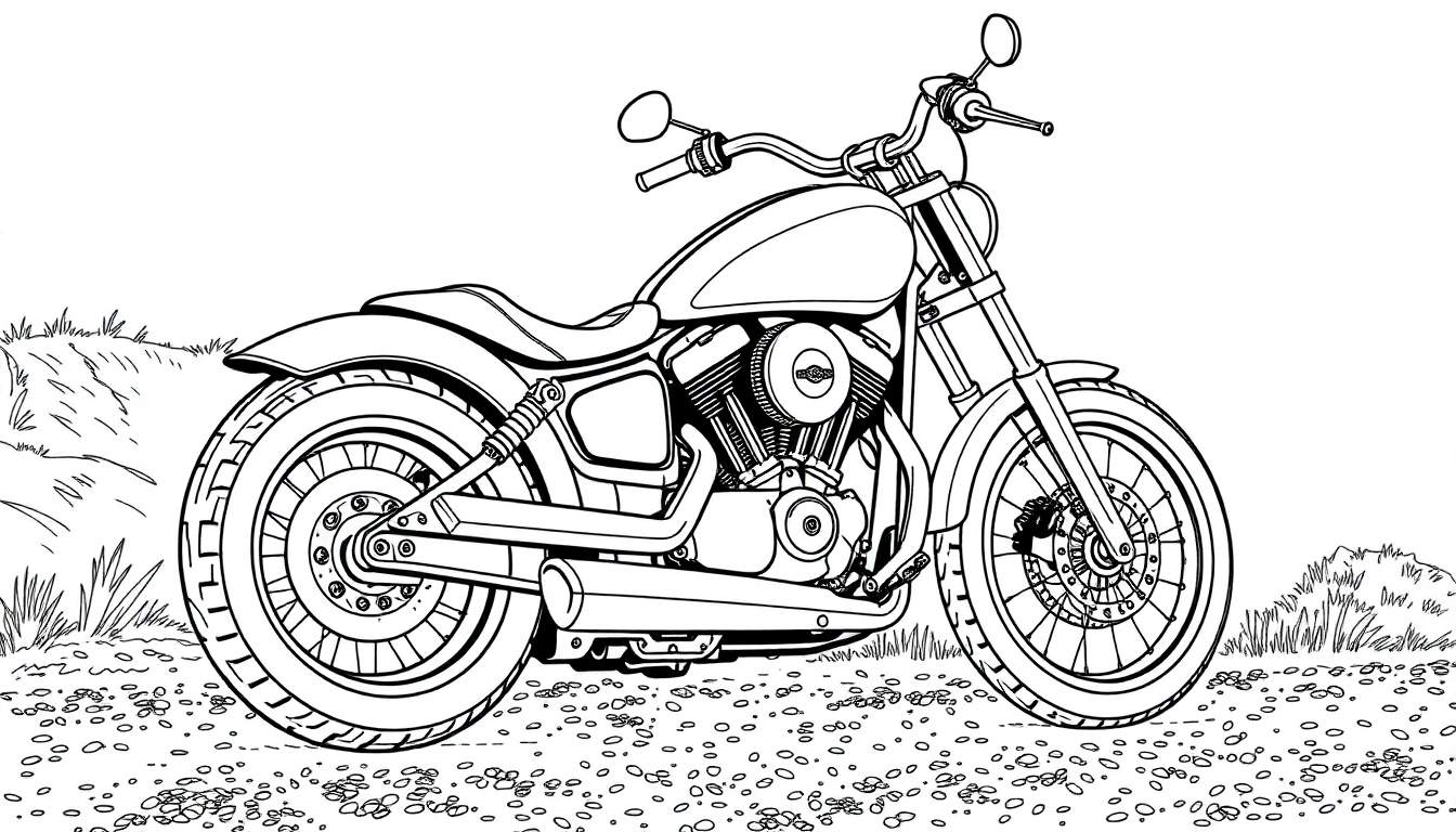 Un dessin au trait d'une moto de style croiseur sur un sol accidenté avec un color panel coloré.