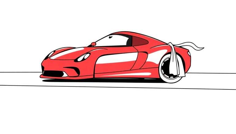 Voiture de sport rouge joyeuse avec des lignes blanches, sur une piste noire avec un drapeau blanc flottant.