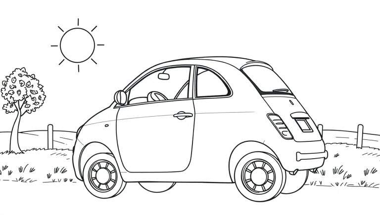 Une petite voiture de style Fiat 500 dans un paysage rural, dessin au trait pour un color panel.