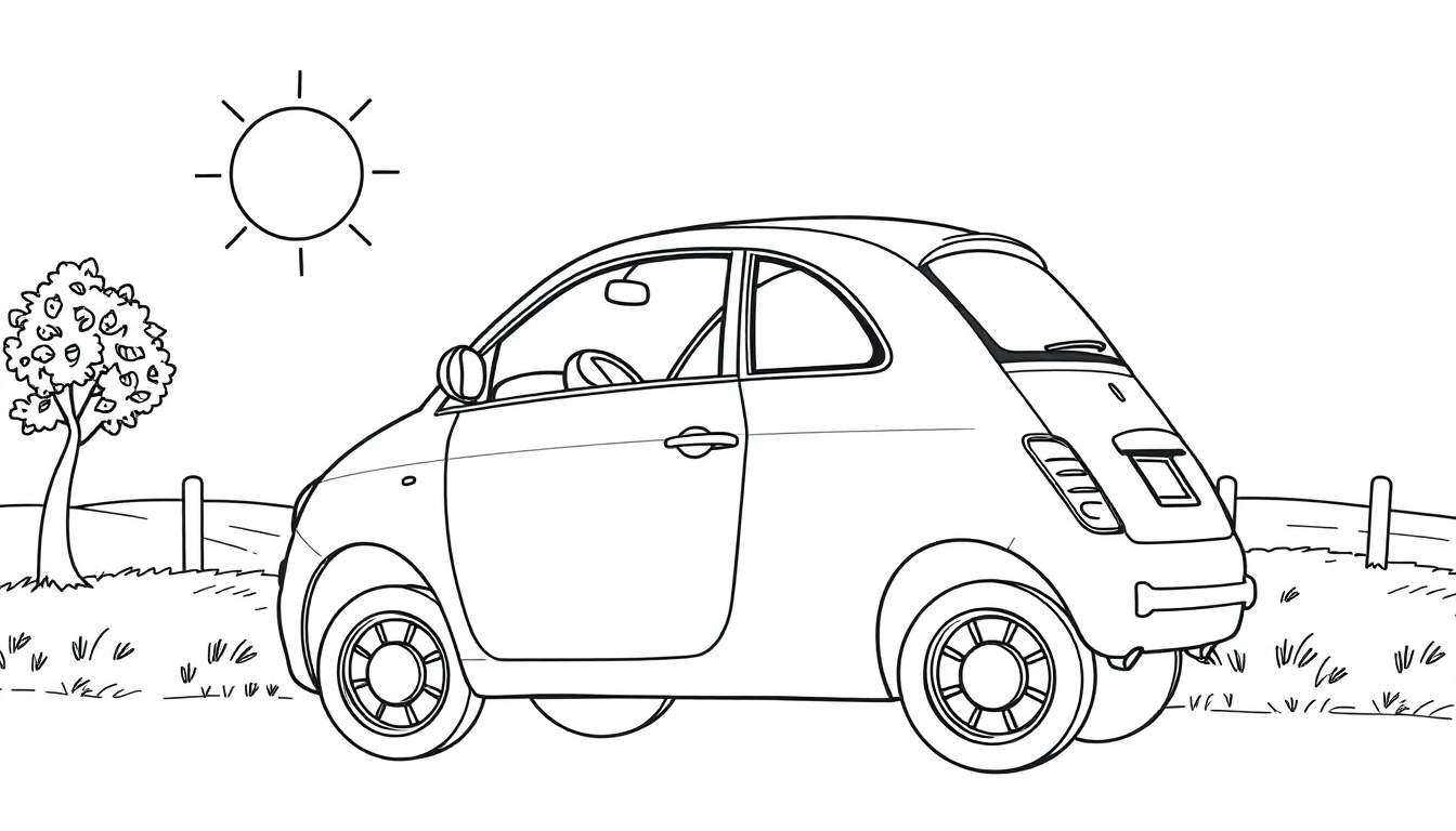 Une petite voiture de style Fiat 500 dans un paysage rural, dessin au trait pour un color panel.