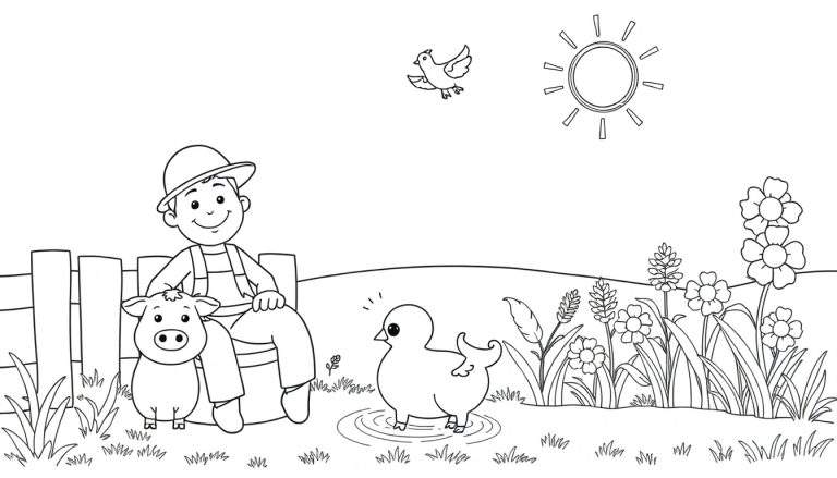 Fermier heureux avec un cochon et un poussin, coloriage.