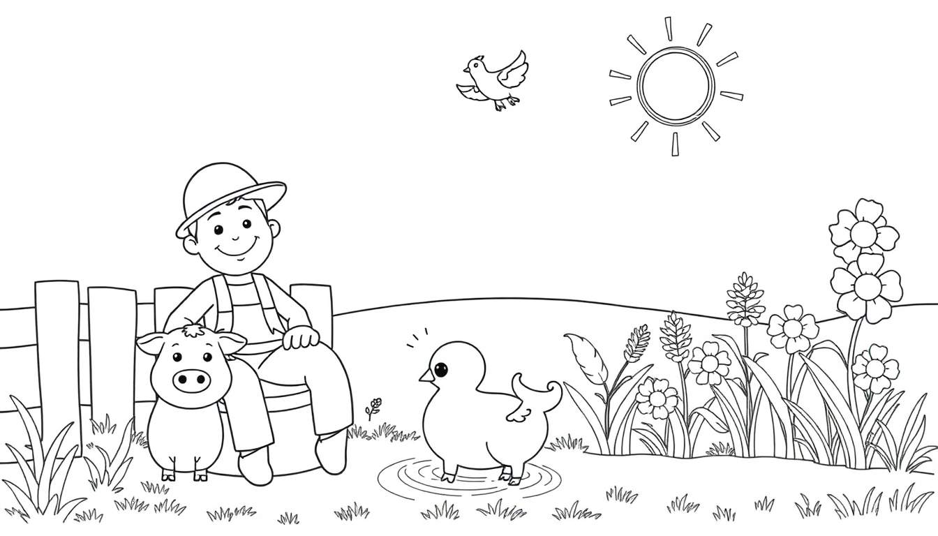 Fermier heureux avec un cochon et un poussin, coloriage.