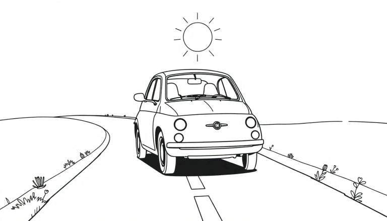 Dessin au trait d'une Fiat 500 classique sur une route ensoleillée, prête à être coloriée dans un color panel.