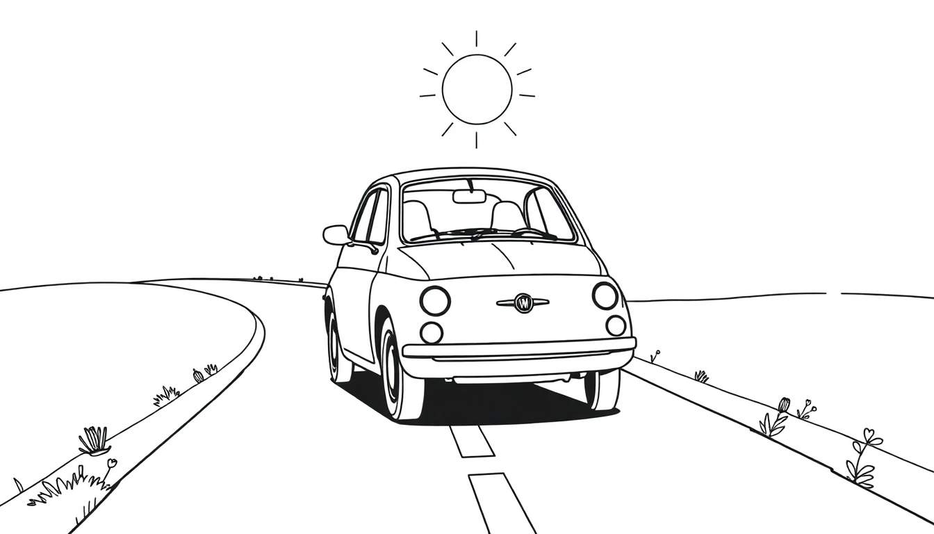 Dessin au trait d'une Fiat 500 classique sur une route ensoleillée, prête à être coloriée dans un color panel.