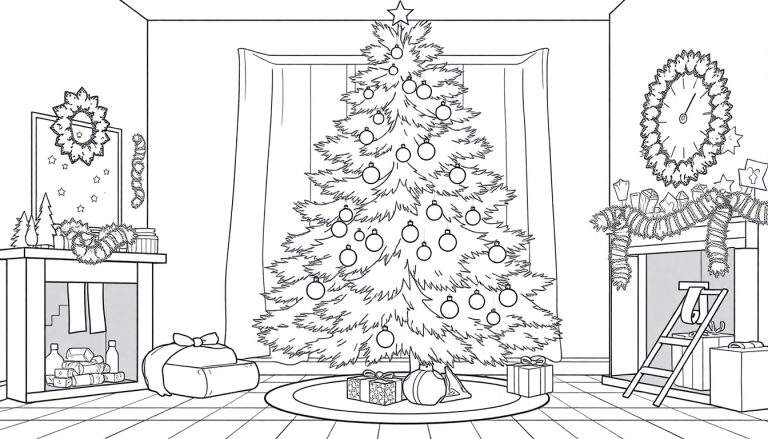 Une pièce décorée pour Noël avec un sapin, des cadeaux, une cheminée et une fenêtre.