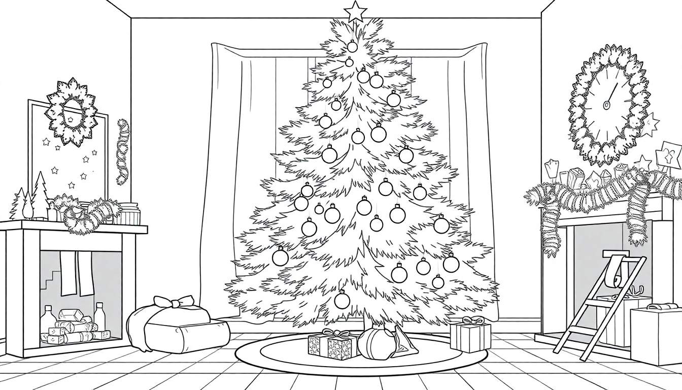 Une pièce décorée pour Noël avec un sapin, des cadeaux, une cheminée et une fenêtre.