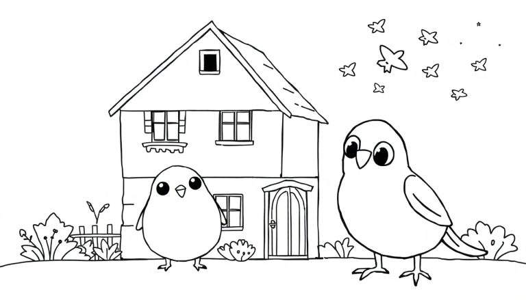 Deux oiseaux devant une maison avec des étoiles et des étincelles dans le ciel.